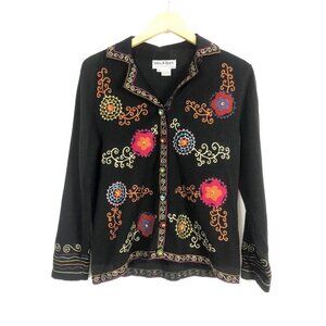Jack B Quick Embroidered Floral Cardigan Size Medium Black Jewel Tones Collared